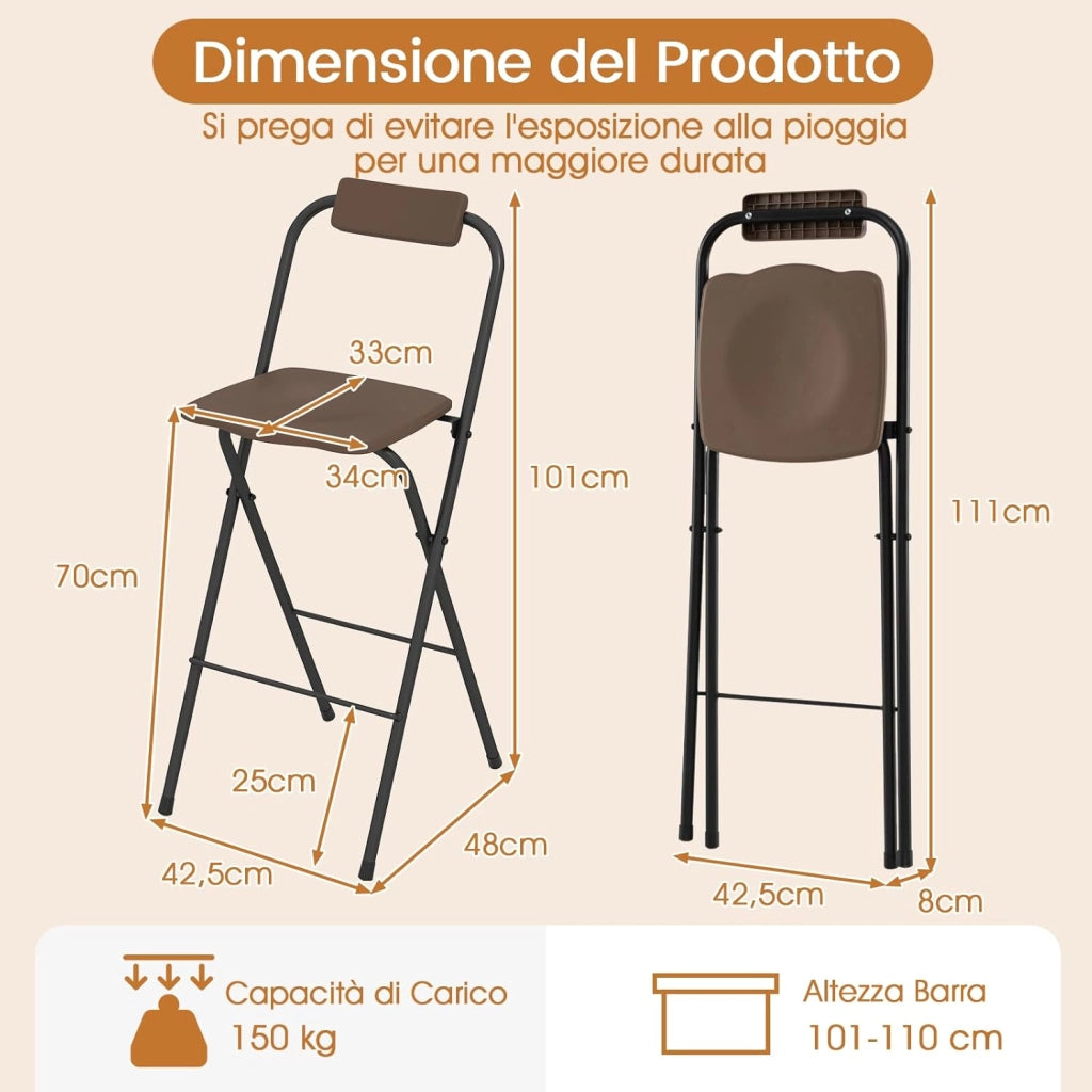 Set di 2 Sgabelli da Bar Pieghevoli, Sedia Alta con Schienale e Poggiapiedi, Struttura in Metallo, per Interno ed Esterno, Portata 150 kg (Marrone)