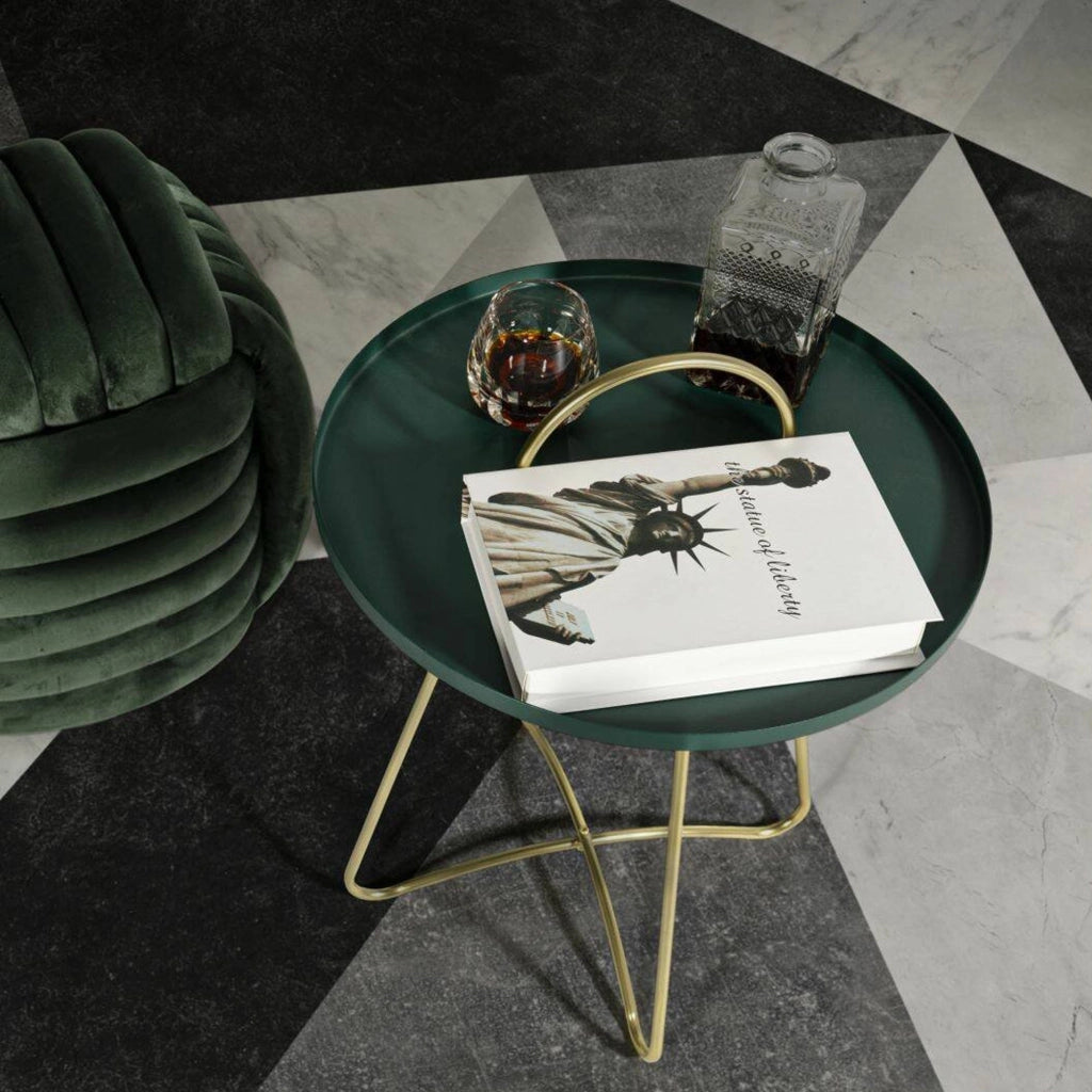 Tavolino da salotto Nigra, Tavolo basso da caffè, Portariviste per divano, Ripiano da soggiorno, 45x45 h59 cm, Verde e Oro