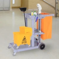 Carrello Pulizie Professionale con 3 Ripiani, Ganci Portascopa, 4 Ruote e Sacco 100L, Arancione 121 x 50.5 x 96.5cm