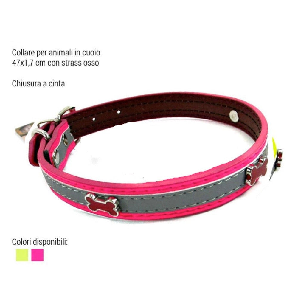 Trade Shop - Collare Per Cani Cuccioli Gatti Animali In Cuoio 47 Cm Vari Colori Strass Osso -