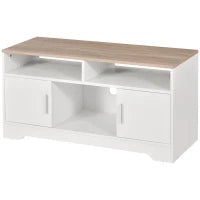 Mobile TV con 3 Scomparti Aperti, 2 Armadietti e Piano d'Appoggio, Mobile per TV fino a 50", in Truciolato, 105x40x52cm, Bianco e Legno