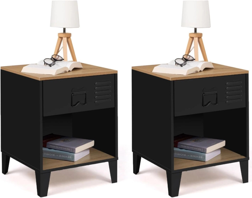 Set di 2 comodini Ester a 1 cassetto in Metallo Nero con nicchia e Piano in faggio in Stile Industriale