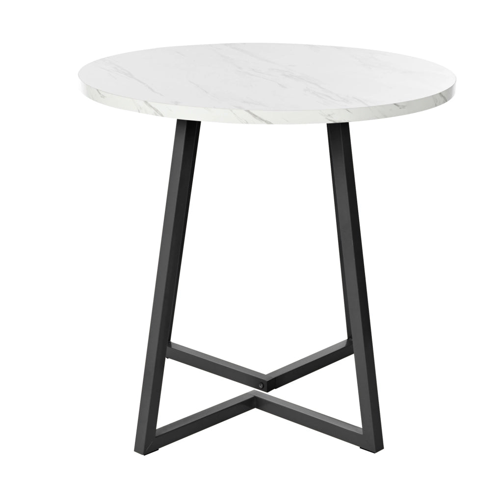 Tavolo da pranzo rotondo 80x75 cm con piano effetto marmo; gambe regolabili in MDF bianco