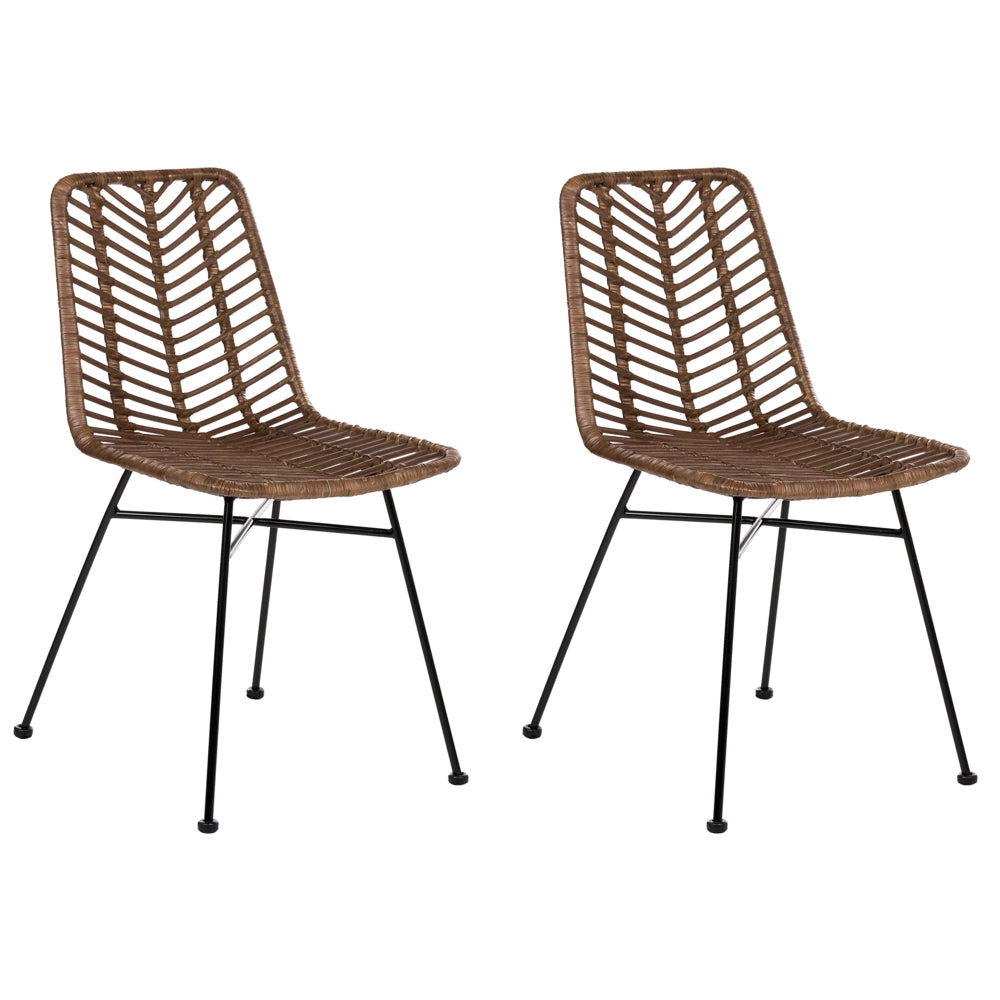 Set di 2 sedie in rattan marrone con seduta e schienale in vimini, senza braccioli, gambe in ferro