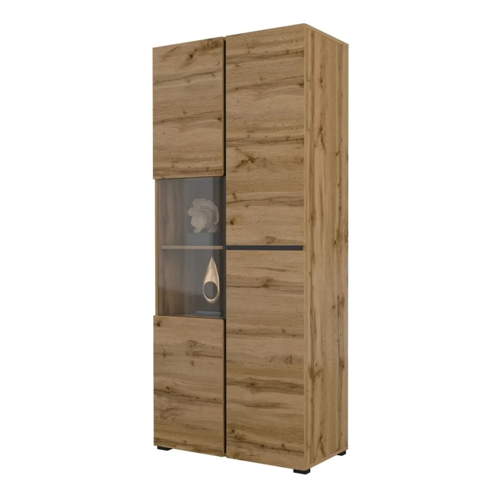 Vetrina alta 2 porte collezione HAVANA con LED integrato. Colori rovere e nero.