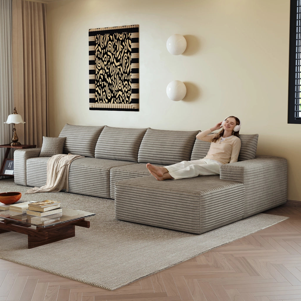 Divano angolare modulare senza montaggio con schiuma ad alta elasticità e tessuto a coste, camel 270 × 175 × 83 cm