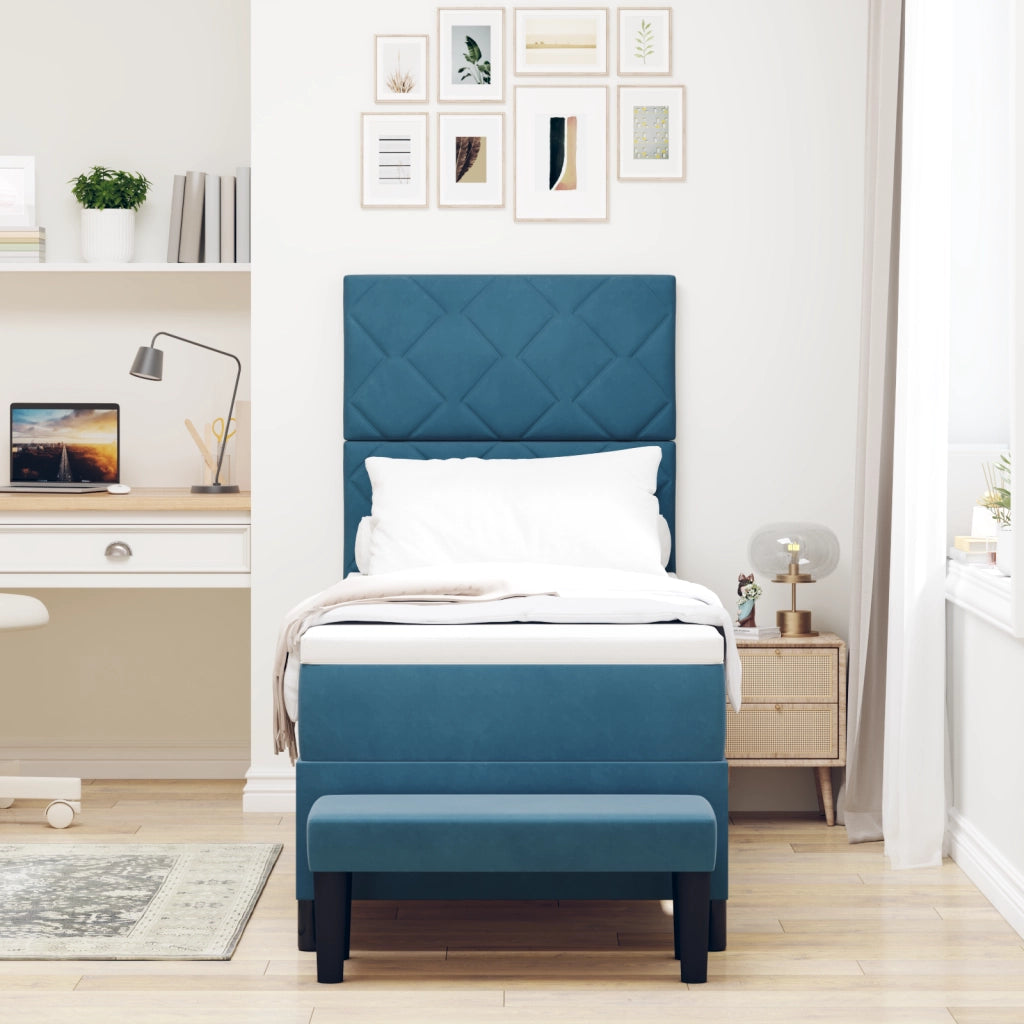 Letto Box Spring con Materasso e Panca Blu Scuro 80x200 cm in Velluto