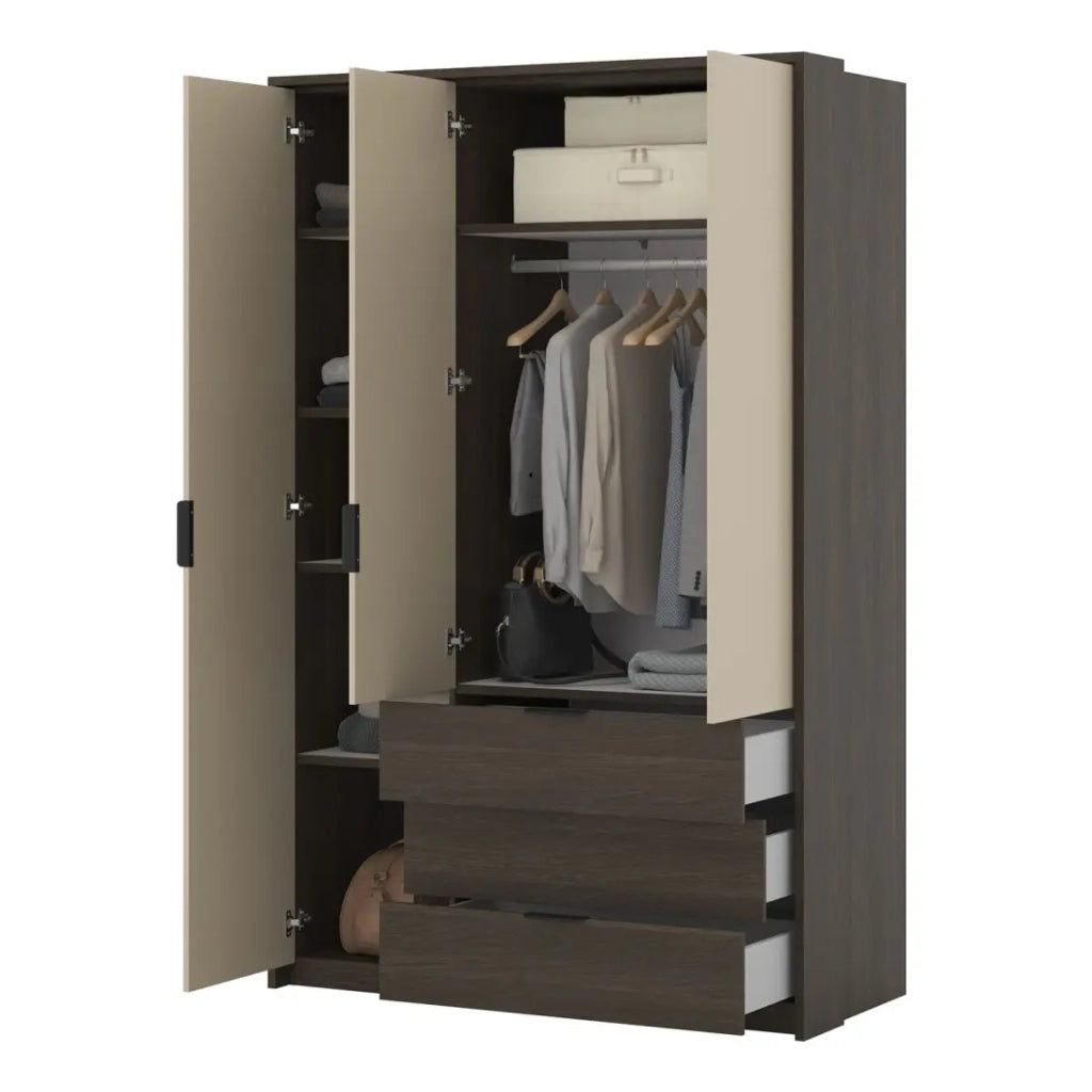 Armadio VALDORA 3 porte con LED e 3 cassetti in rovere scuro e beige 139 cm