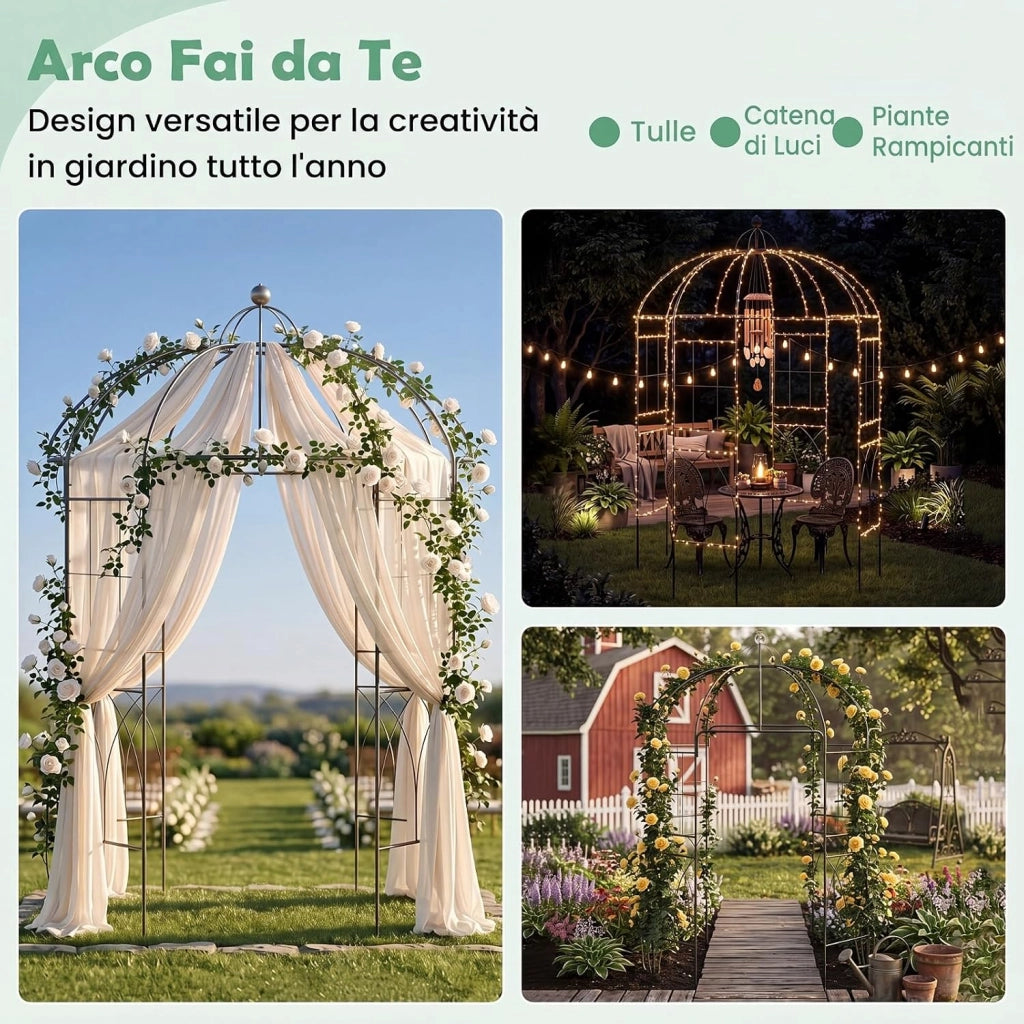Pergolato da Giardino a Forma di Gabbia, Traliccio ad Arco in Metallo per Piante Rampicanti con Gancio e Picchetti, Gazebo da Giardino Decorativo con 4 Lati per Matrimoni, 203 x 203 x 296 cm