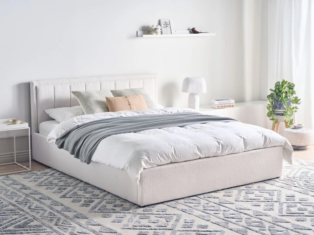 Letto Ottomano Bianco Boucle 160x200 cm Struttura imbottita con Testiera