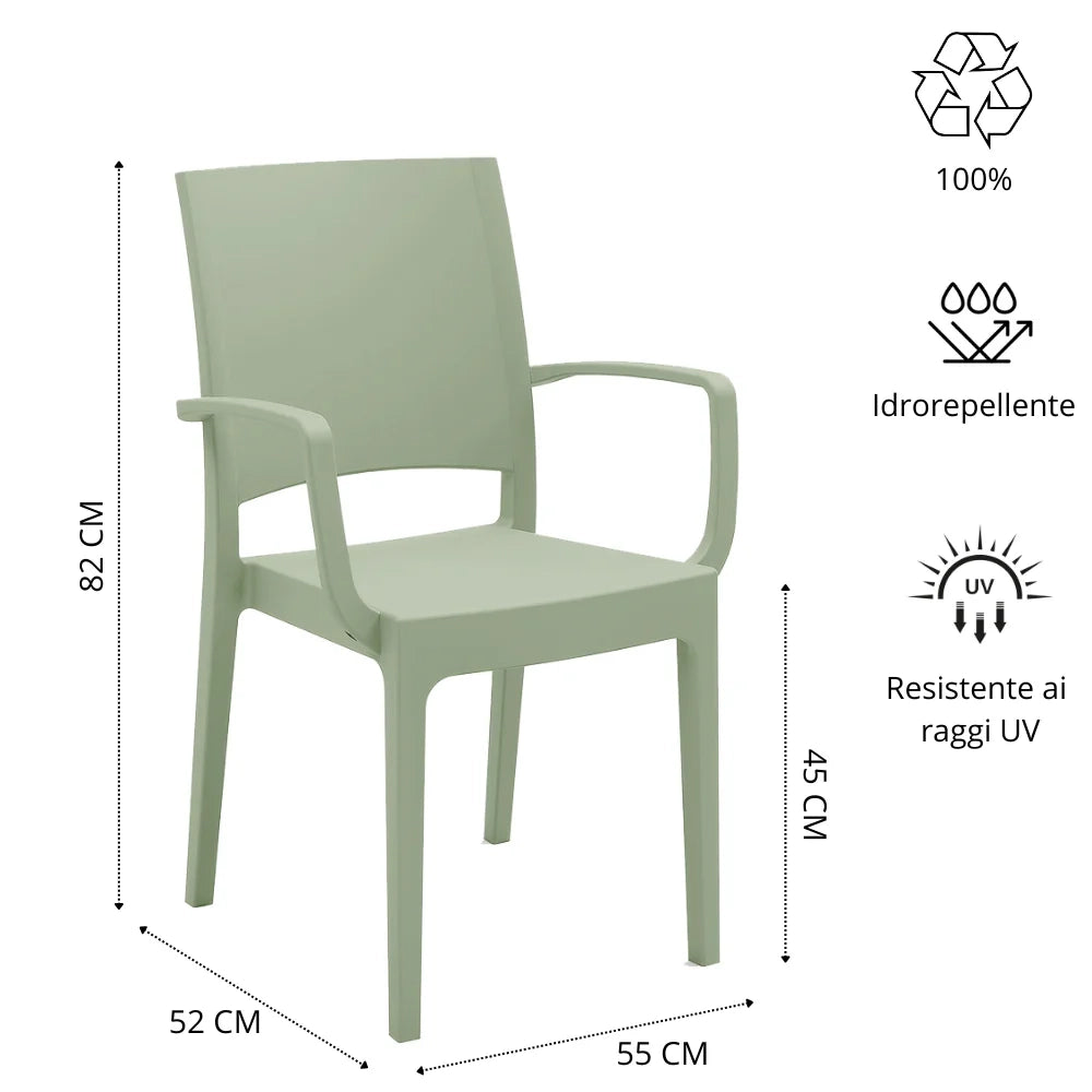 Sedia con braccioli in polipropilene FLORA, MADE IN ITALY, impilabile, resistente ai raggi UV, design moderno, ideale per interno ed esterno, colore Menta