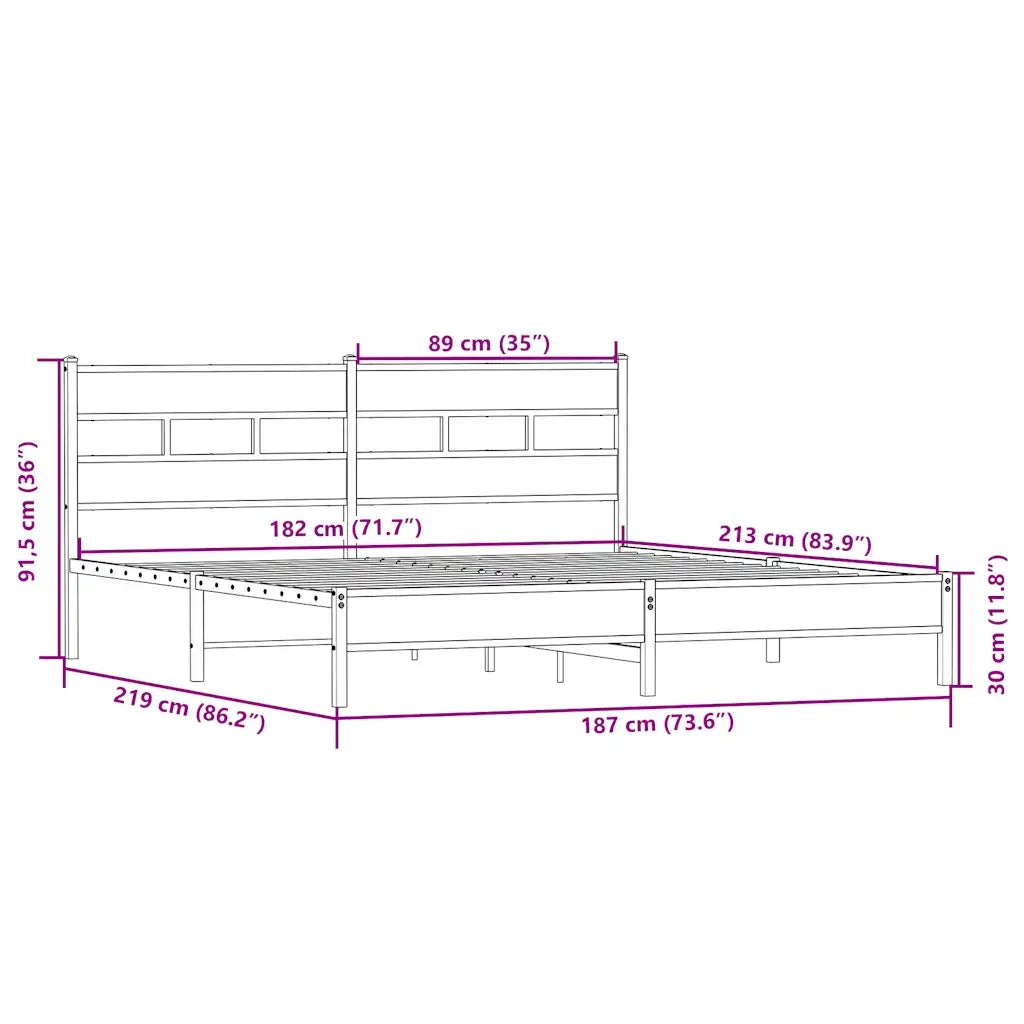 Letto matrimoniale | Letto per adulti | Giroletto senza Materaso in Metallo Rovere Sonoma 183x213 cm
