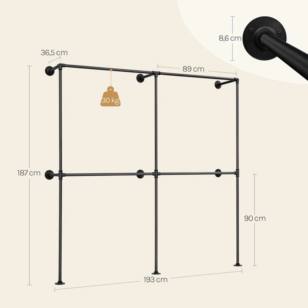 Appendiabiti da Parete, Appendiabiti da Muro per Vestiti, Appendi Abiti Industriale a Tubo con 4 Barre per Appendere Indumenti, Metallo, Nero, 193x36,5x187 cm
