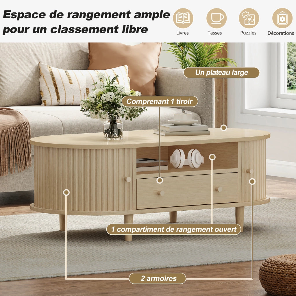 Tavolino basso ovale con 1 cassetto, vani aperti e anta scorrevole, per soggiorno, in MDF, rovere, 100 × 50 × 36 cm