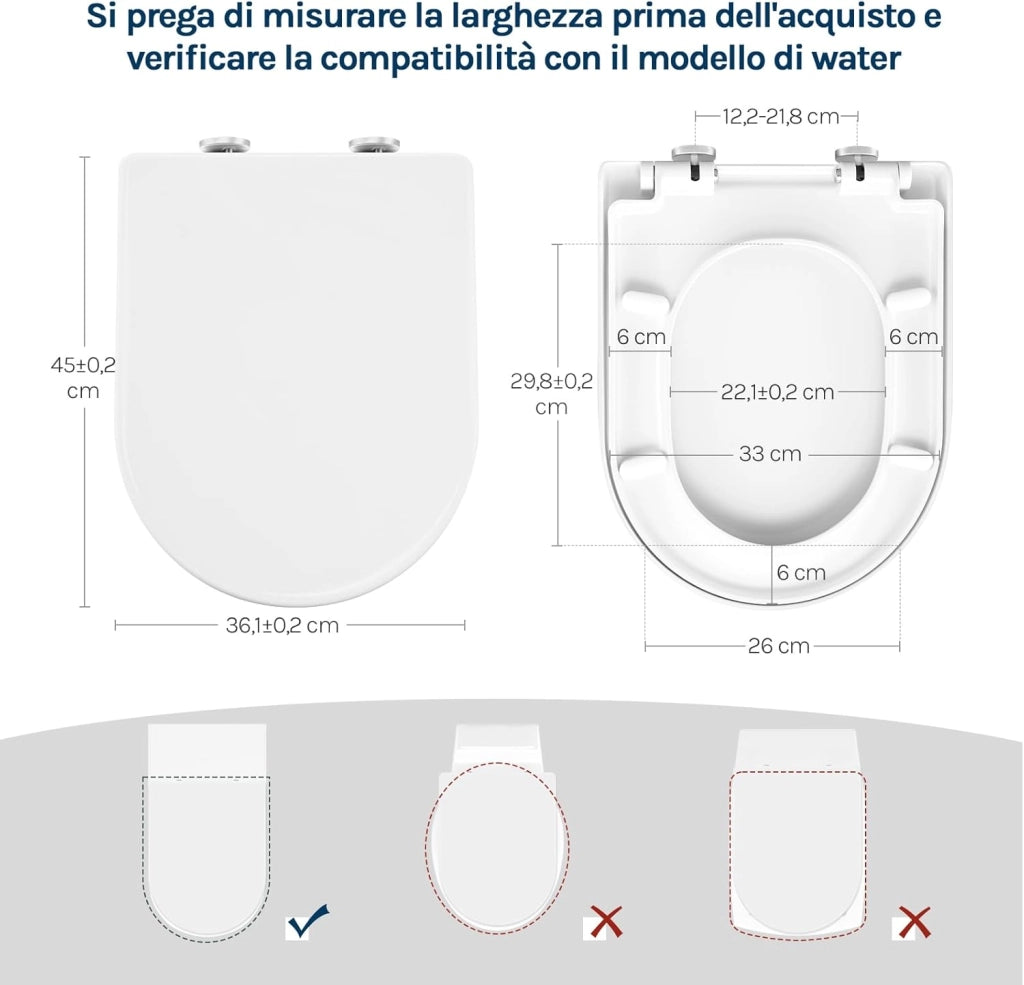 Copriwater Sedile WC Coperchio con Chiusura Ammortizzata Soft Close Toilet Seat Bagno in Plastica Bianco Forma di D