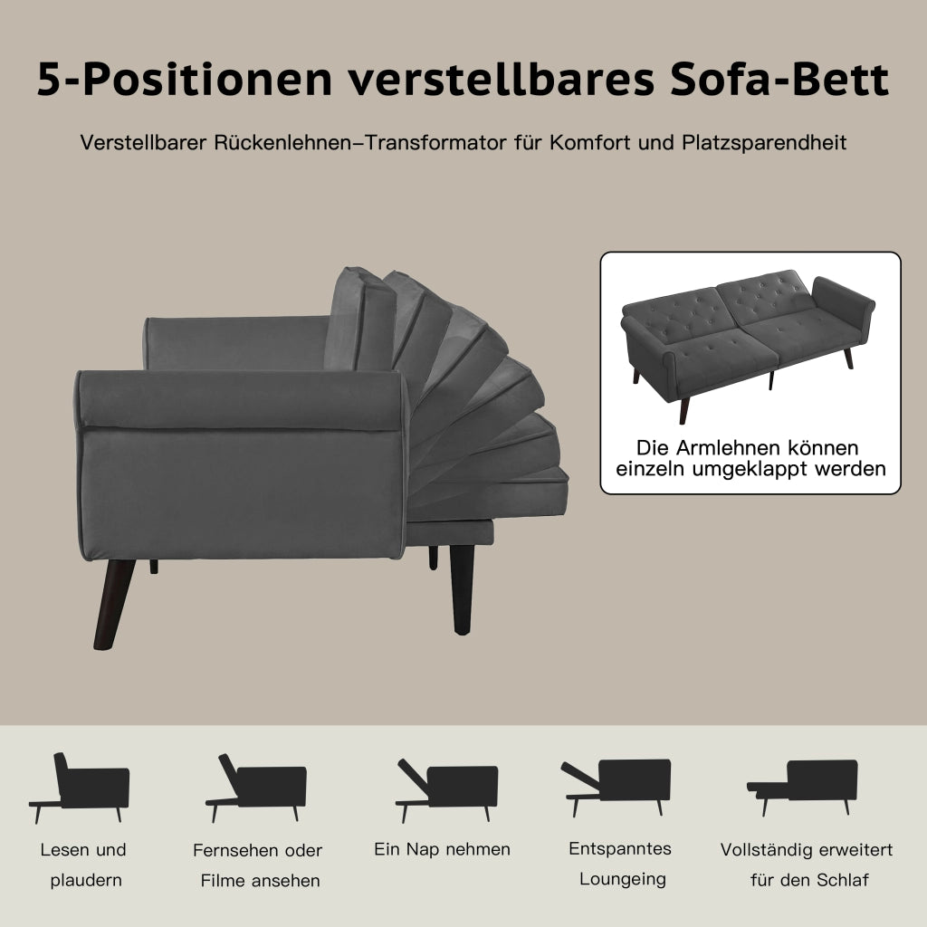 Divano letto 2 posti con schienali regolabili separatamente in 5 posizioni, velluto grigio 172 × 89 × 70 cm