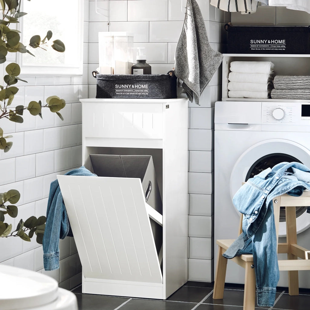 Mobile Lavanderia Con Cesto Portabiancheria Apribile, Cesto Portabiancheria Con Un Cassetto, Mobiletto Bagno Bianco 40x39x86cm BZR110-W SoBuy