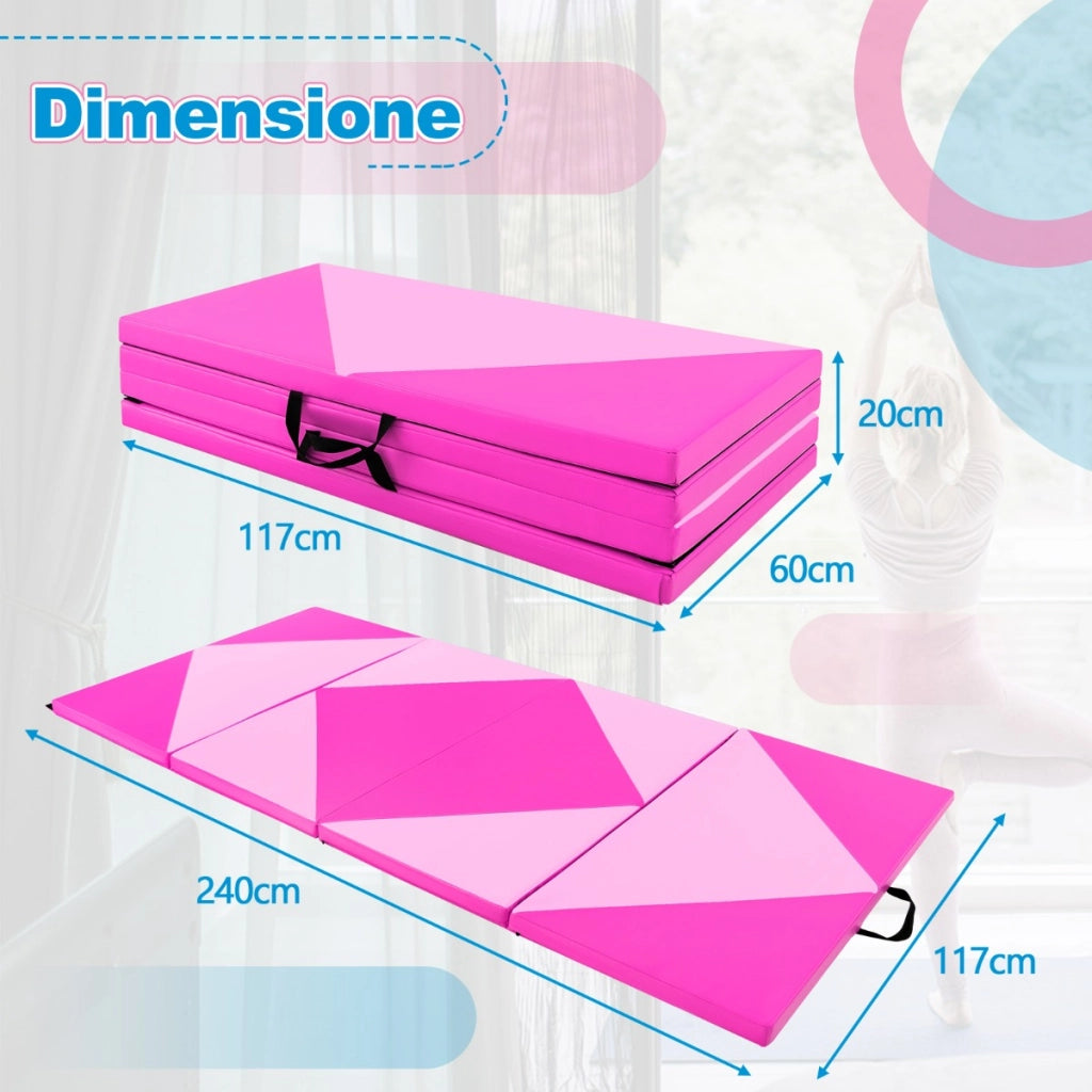 Tappetino ginnastica pieghevole, Tappetino per tumbling in pelle PU con chiusure a strappo 240x117x5cm Rosa chiaro
