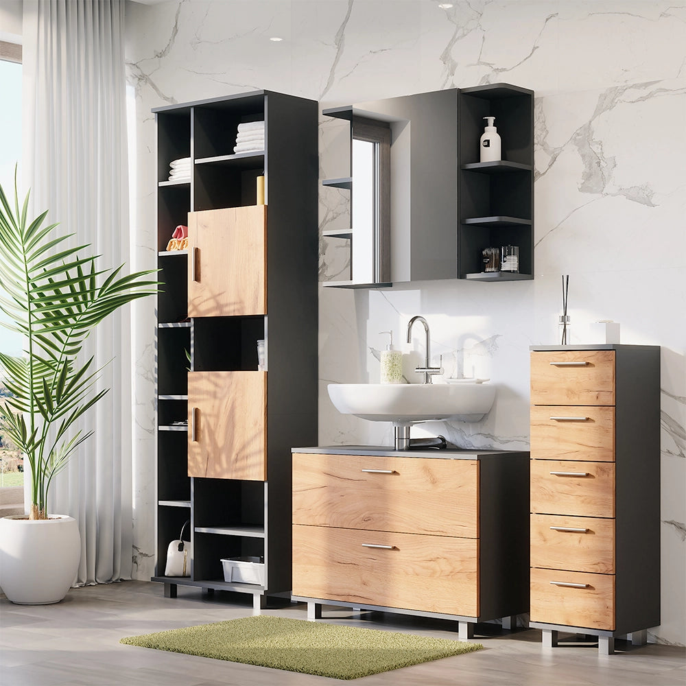 Vicco Set di mobili da bagno Quercia dorata/antracite 4 pezzi, con colonna