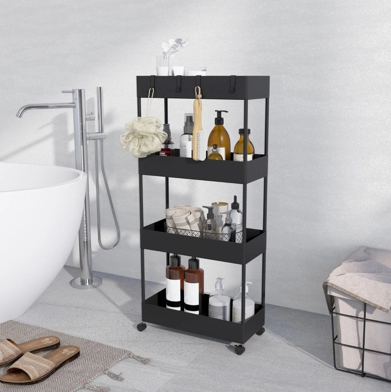 Carrello da cucina nero con 4 ripiani, ruote e freni, 40 x 19 x 90 cm, in plastica ABS