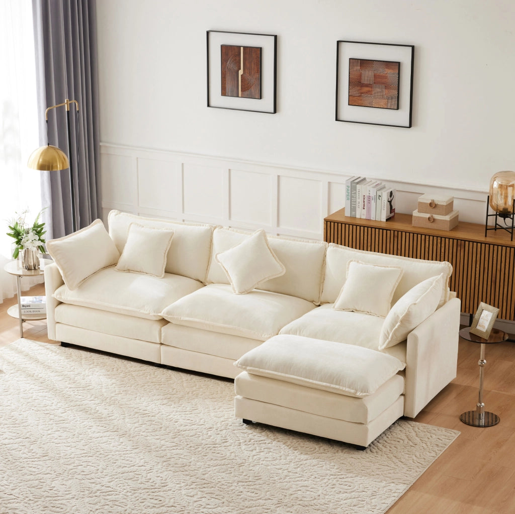 Divano 3 posti in chenille beige con pouf mobile, 283 cm