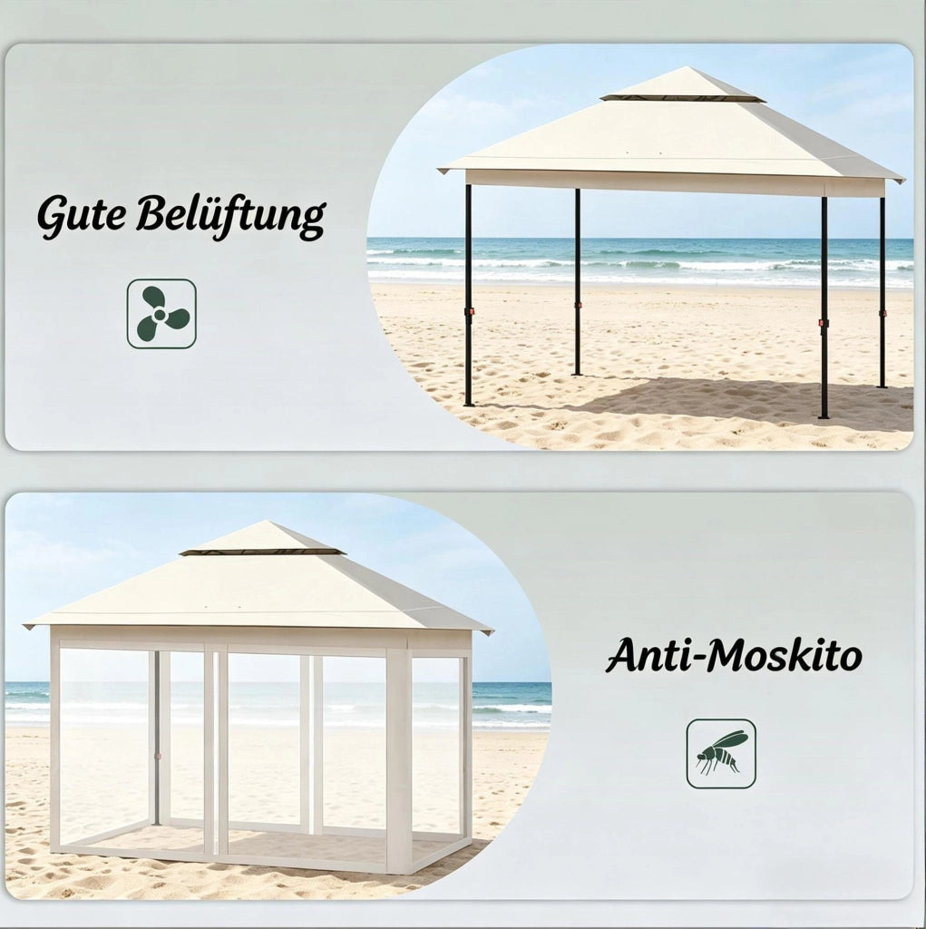 Gazebo pieghevole 3x3 m beige con zanzariere e doppio tetto