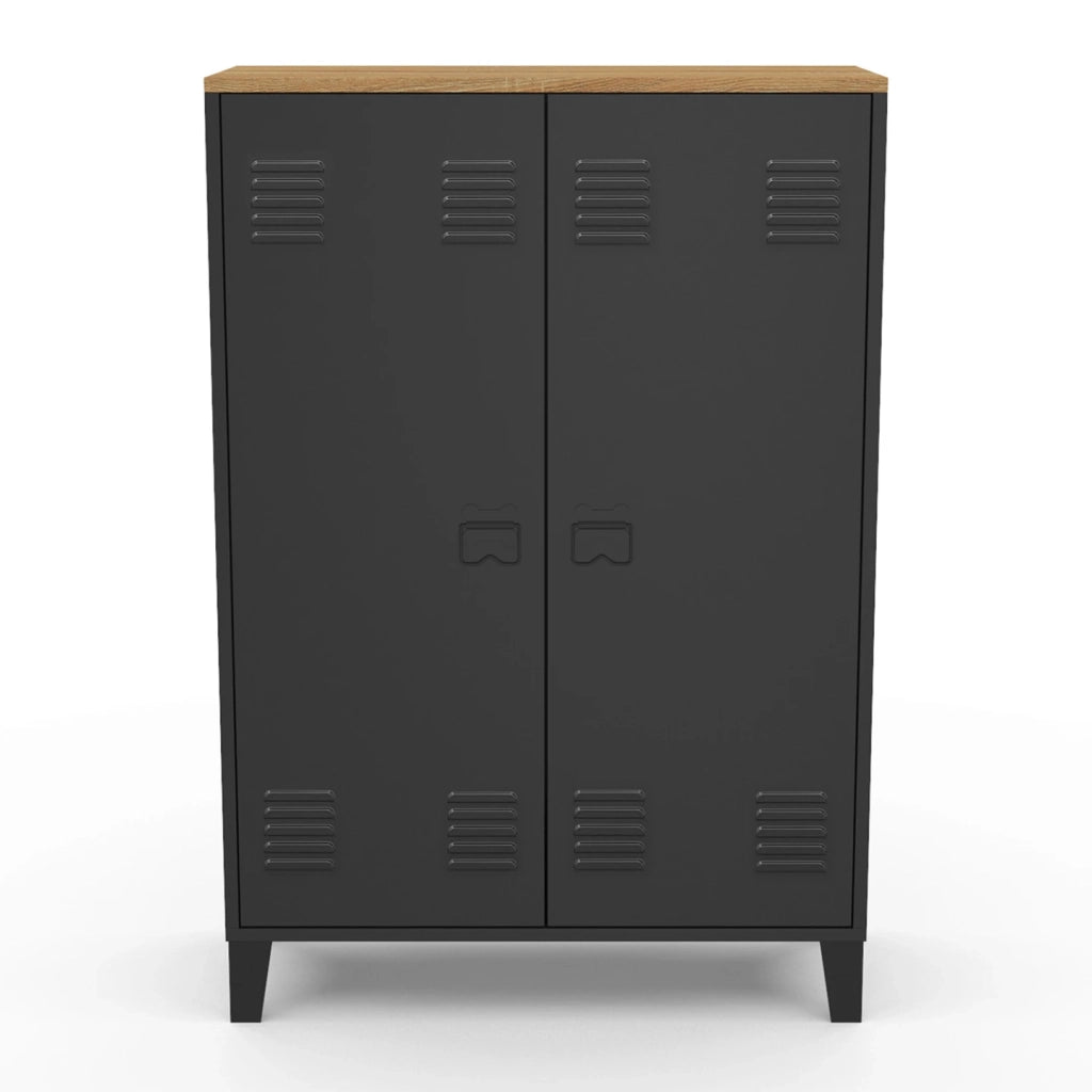 IDMarket - ESTER Armario de 2 puertas de metal negro con tapa de madera de diseño industrial