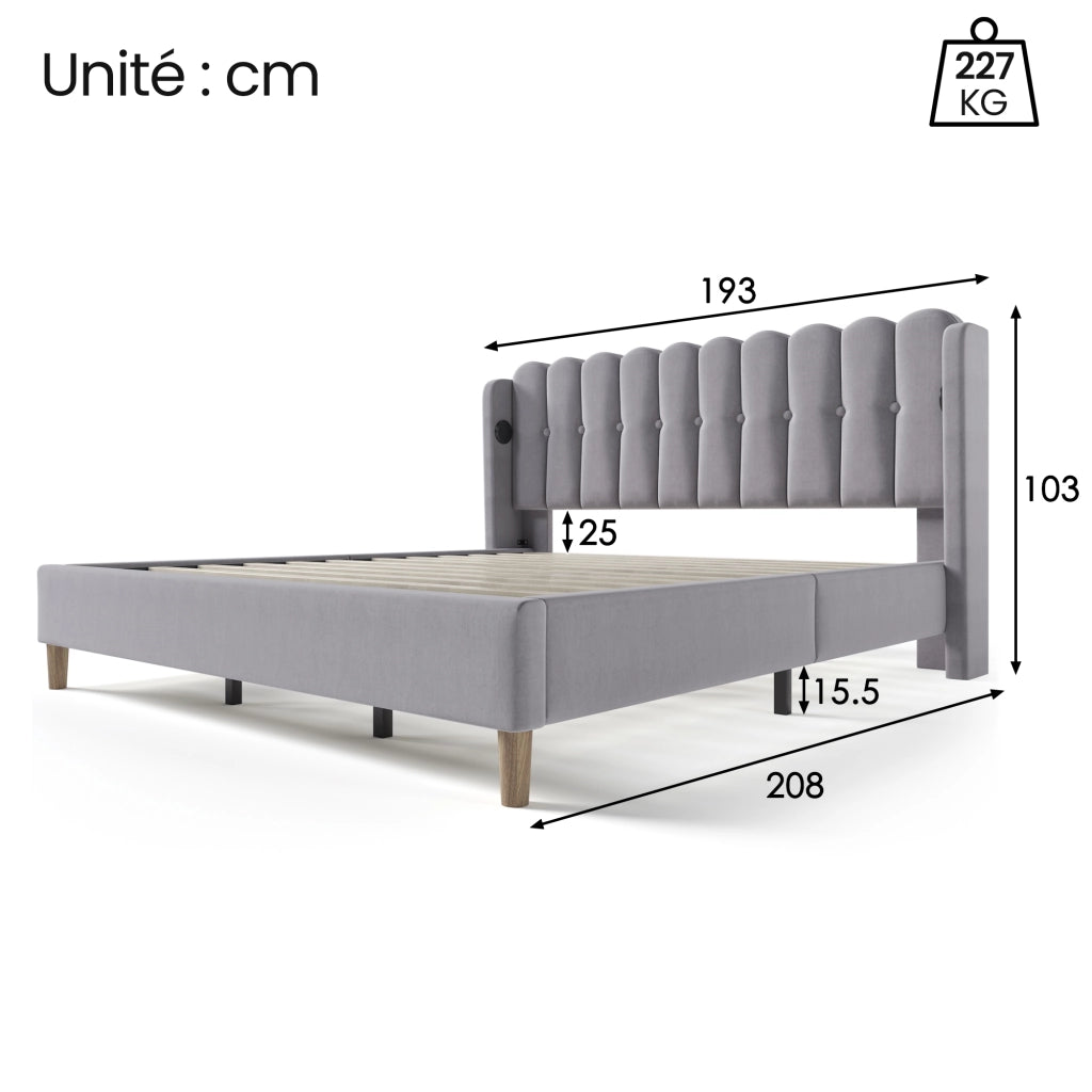 OKWISH Letto Imbottito 180×200 cm, Letto Matrimoniale con USB, Tipo C e Testiera a Pannelli, senza Materasso, in Lino, Grigio