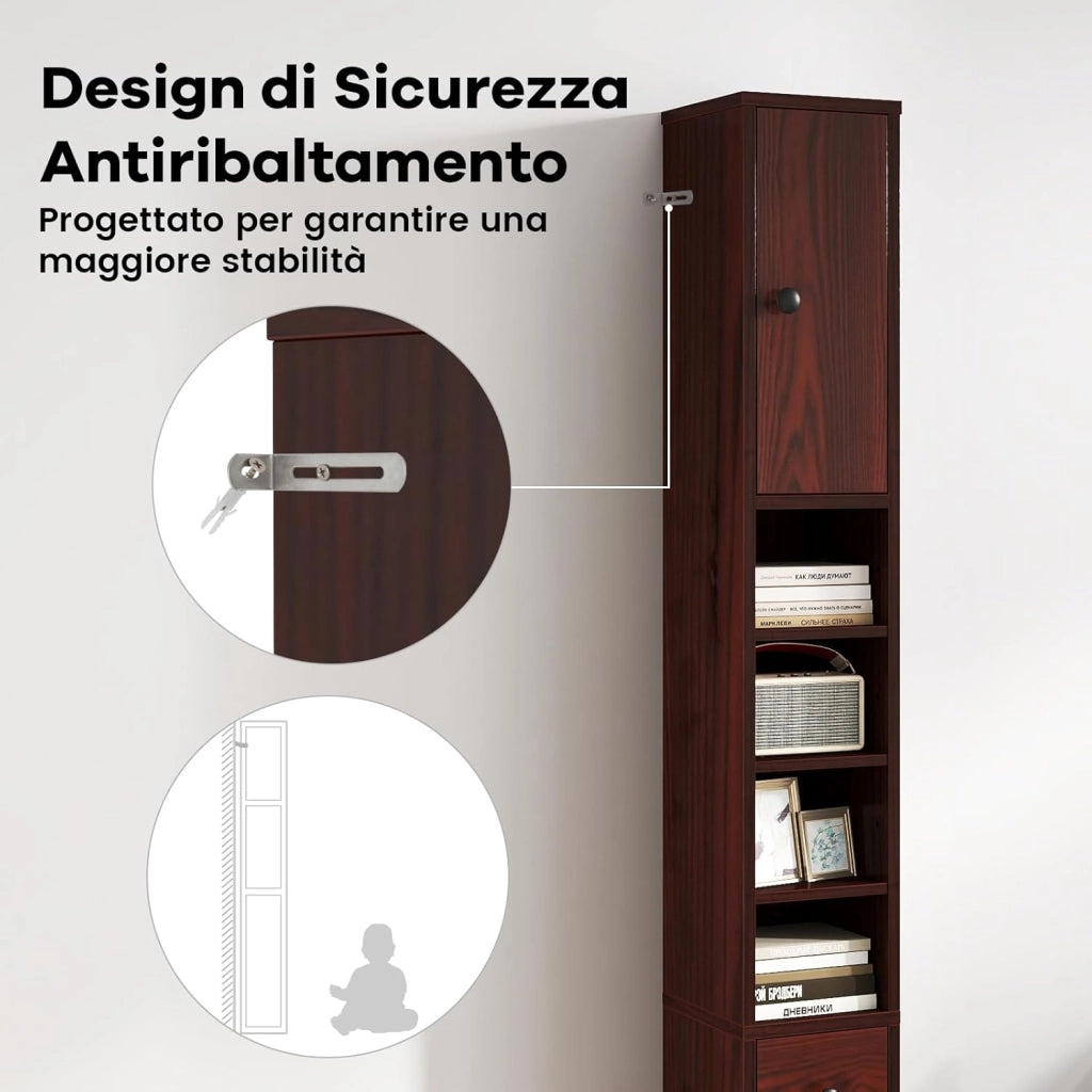 Mobile Bagno Alto Stretto, Mobiletto Colonna Salvaspazio con 1 Cassetto, 5 Ripiani Regolabili e Struttura Antiscivolo, Mobile a Terra per Ingresso, 20 x 20 x 180 cm (4 Ripiani, Marrone)