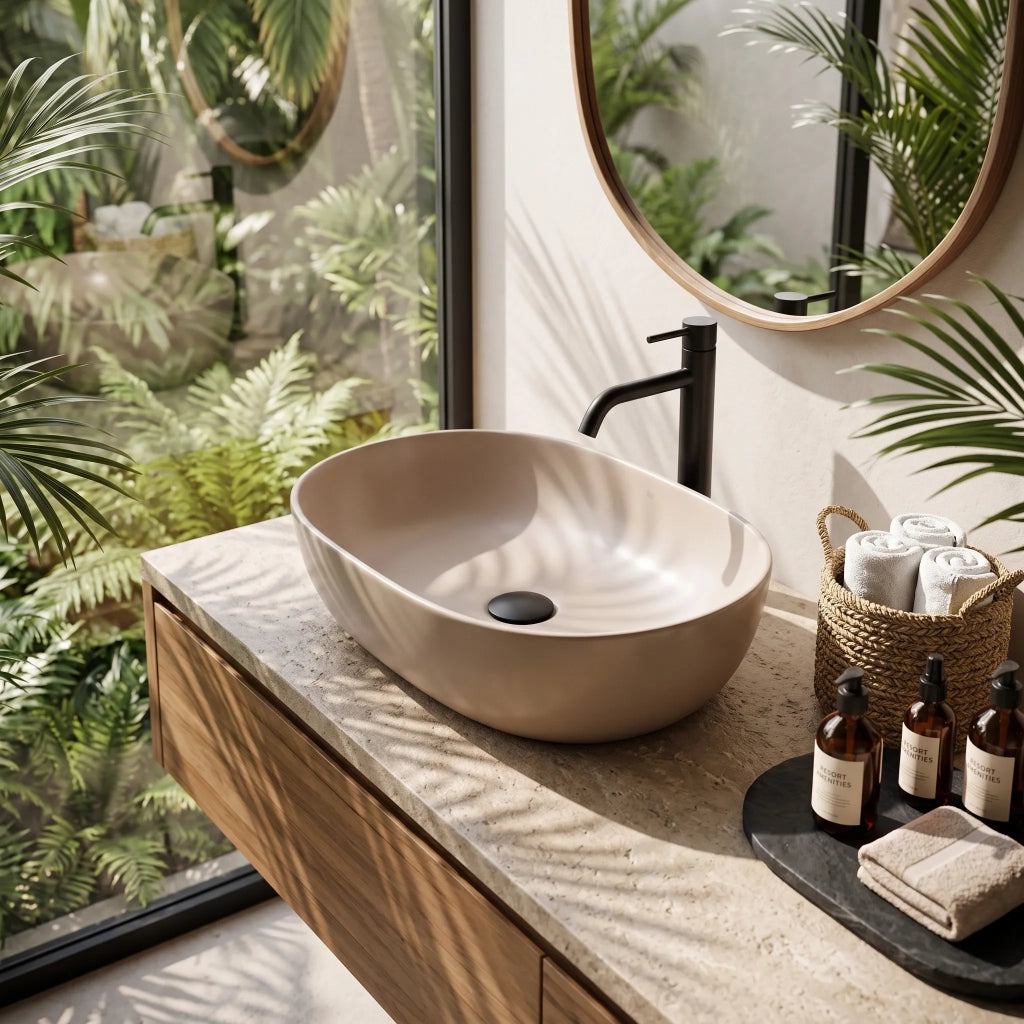 Set Wc Sospeso Focus + Lavabo Da Appoggio Rea Focus Taupe