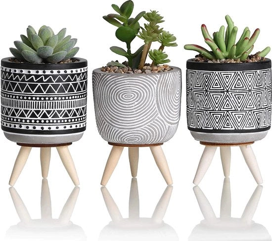 Collezione di Artefatti Ceramici Pianta Finta in Vaso con Piedistallo, Set di 3 Piantine Geometriche Moderne per la Decorazione di Bagno, H 16,5 cm