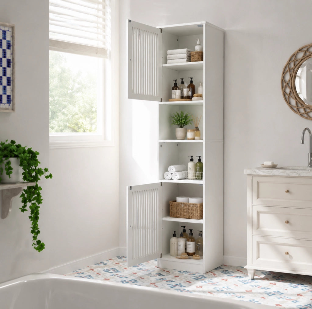 Armadio da bagno alto bianco con ripiani regolabili e ante a lamelle