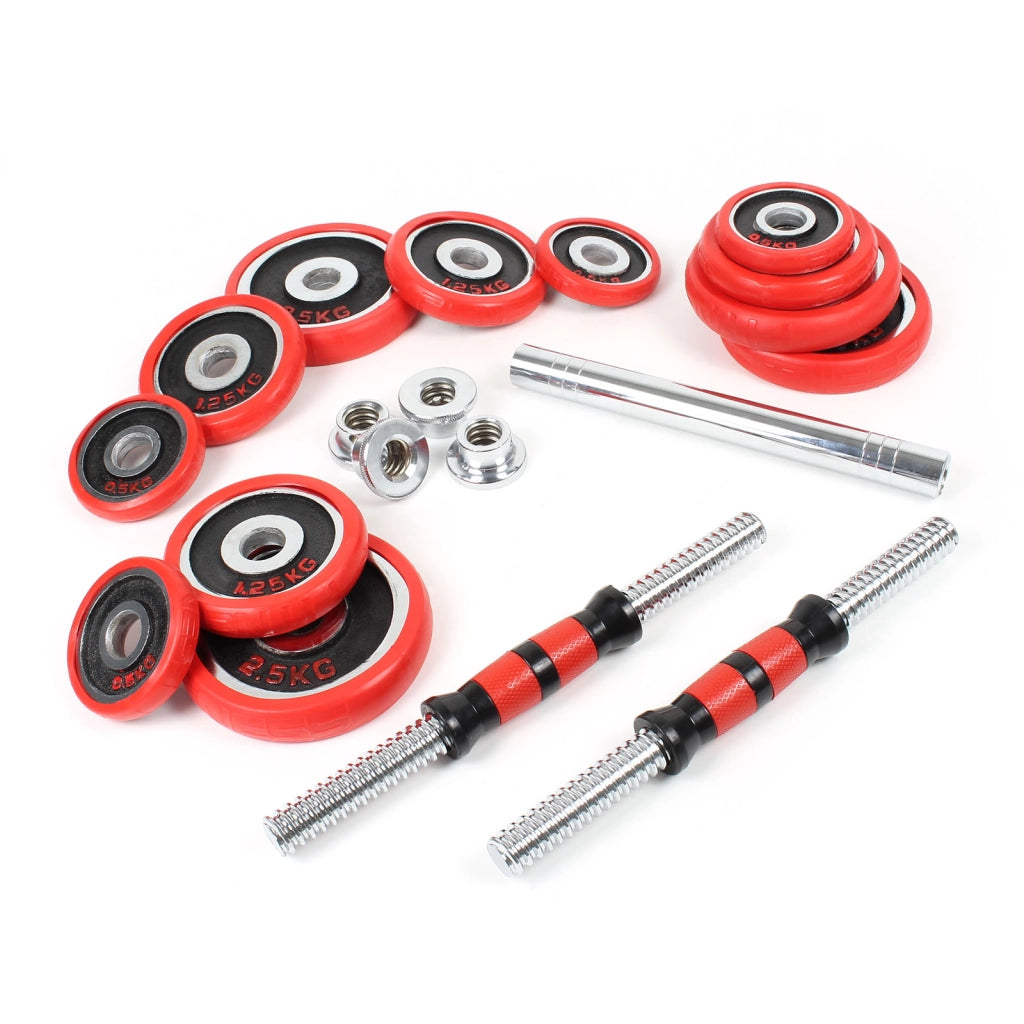 LUXTRI Set manubri da 20 kg Manubri corti e lunghi 2in1, 12 dischi ed estensione per manubrio lungo