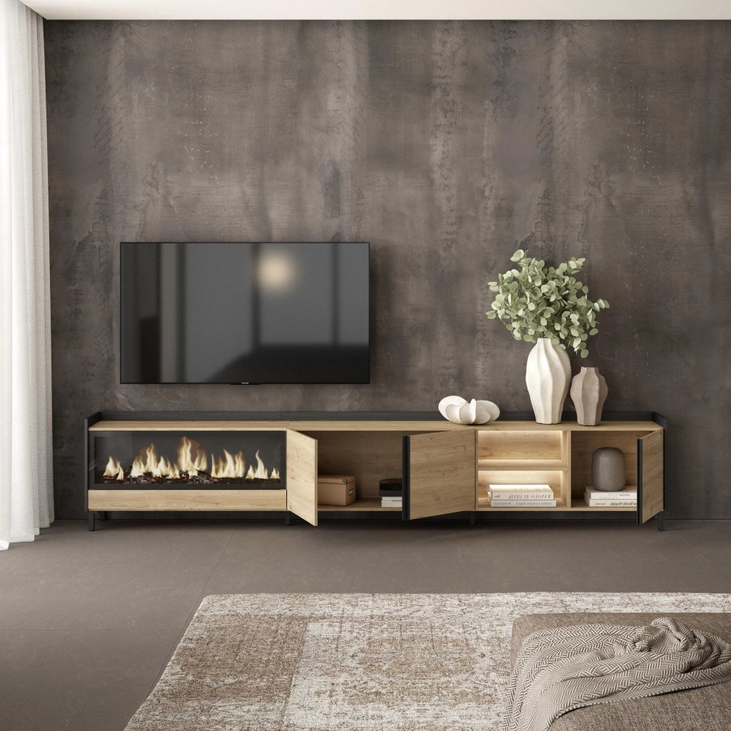 Mobile TV Soggiorno, 315x61x35 cm, Per TV fino a 80", Camino elettrico XXL, Design industriale, LED, Rovere e nero