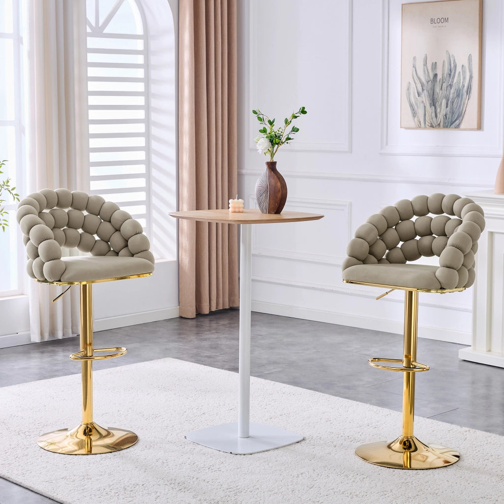 Sgabello da bar set da 2 in velluto con schienale a catena di sfere e altezza regolabile con base dorata grigio
