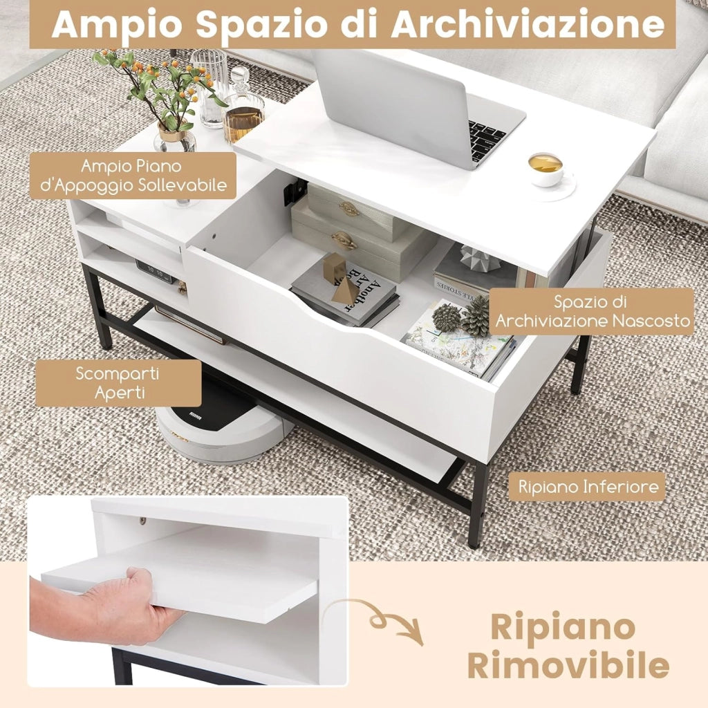 Tavolino da Salotto, Tavolino da Caffè con Piano Sollevabile, Vano Nascosto e Ripiano Rimovibile, Tavolino Basso in Legno e Metallo per Soggiorno e Sala, 100 x 50 x 48-61 cm (Bianco)