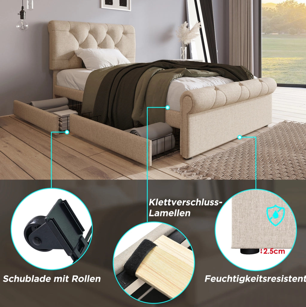 Letto singolo imbottito 90x200 cm con 2 cassetti e materasso