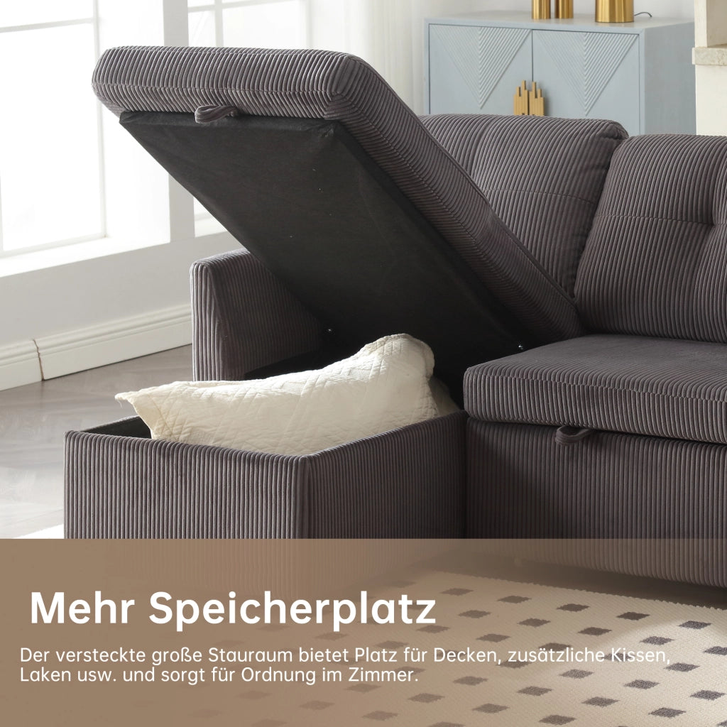 Divano letto angolare modulare con contenitore e chaise longue reversibile in velluto a coste grigio scuro