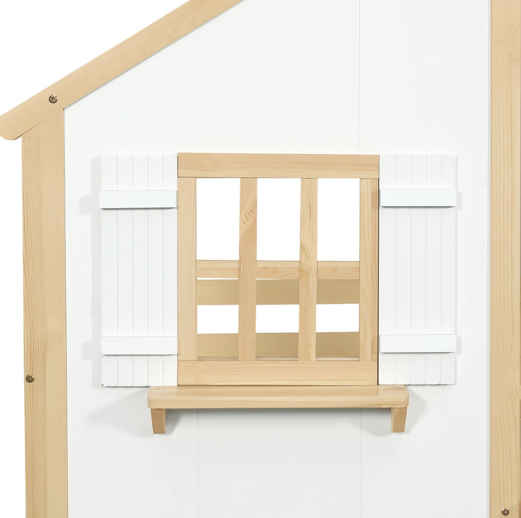 Letto a castello 90x200 cm con scala inclinata; finestre e tetto in pino e MDF bianco naturale