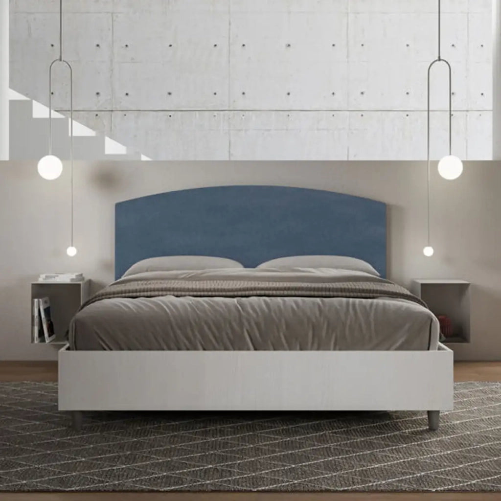 Letto matrimoniale con rete 160x200 bianco frassino testata microfibra blu Antilia