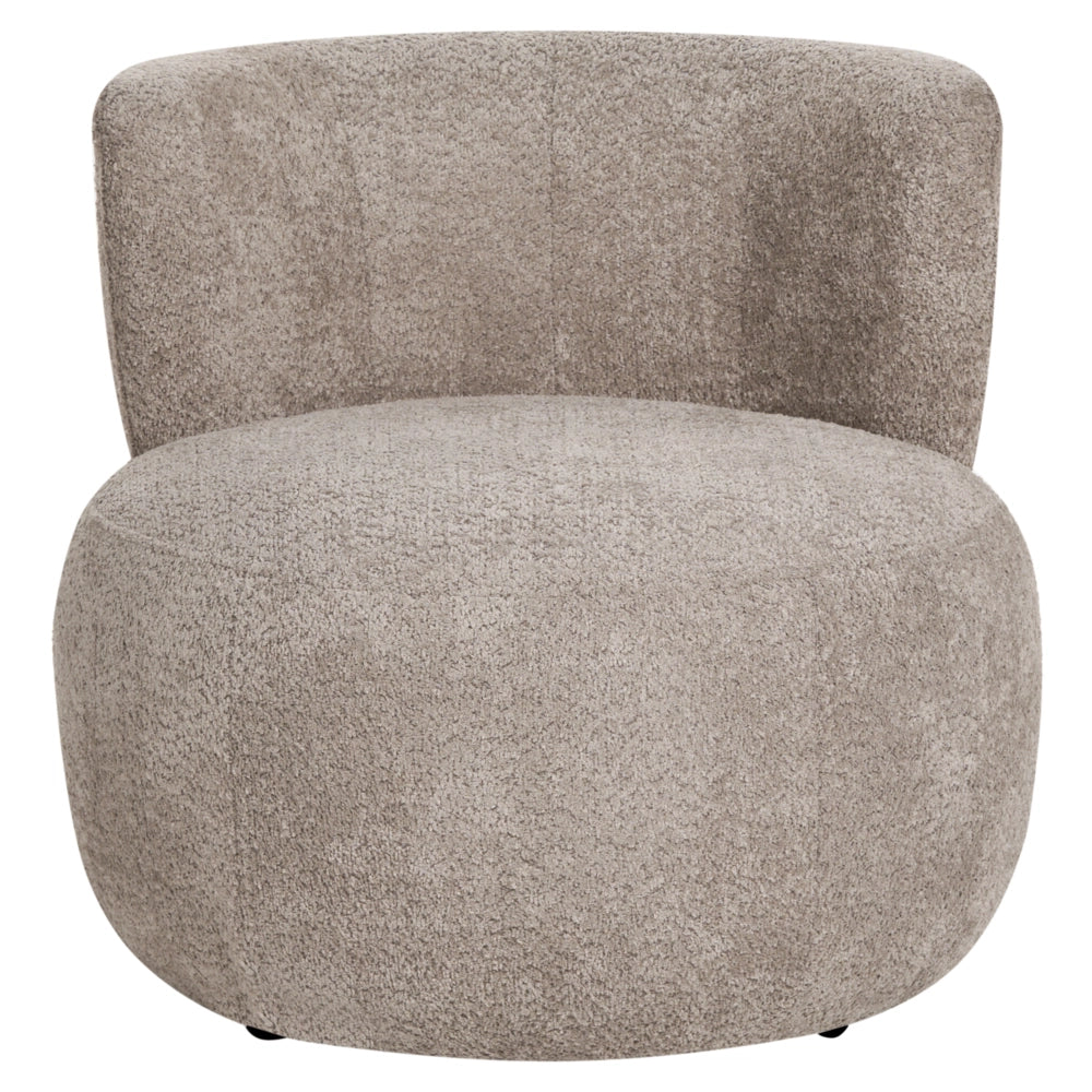 Comoda poltrona tortora rivestita in ciniglia di poliestere moderna comoda senza braccioli con schienale ricurvo in stile scandinavo