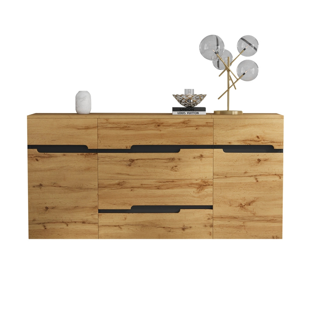 Credenza e madia con 2 ante e 4 cassetti, per soggiorno, in truciolato, color legno e nero, 160 × 40 × 80 cm