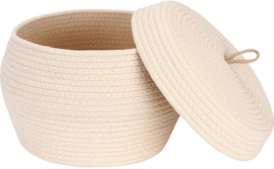 Organizzatore rotondo in cotone con coperchio - Multifunzionale per snack, asciugamani e altro - Ideale per la casa, 33 x 23 cm (grande, crema)