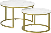 Tavoli Salotto - Rotondi - Aspetto Marmo Bianco - Supporti in Acciaio Oro - 2 Pezzi