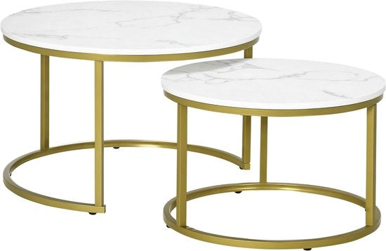Tavoli Salotto - Rotondi - Aspetto Marmo Bianco - Supporti in Acciaio Oro - 2 Pezzi