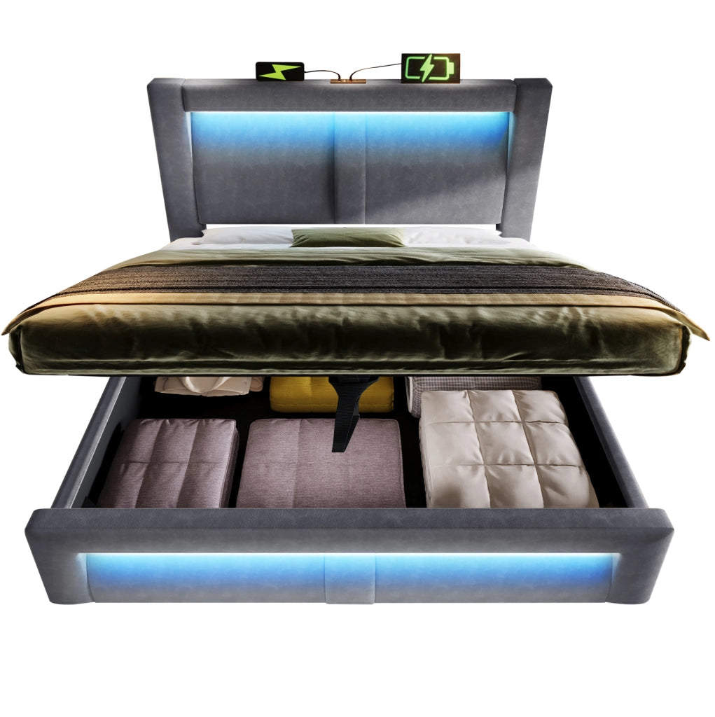 Letto matrimoniale 140x200 cm con contenitore; LED; USB e Type-C; in velluto grigio
