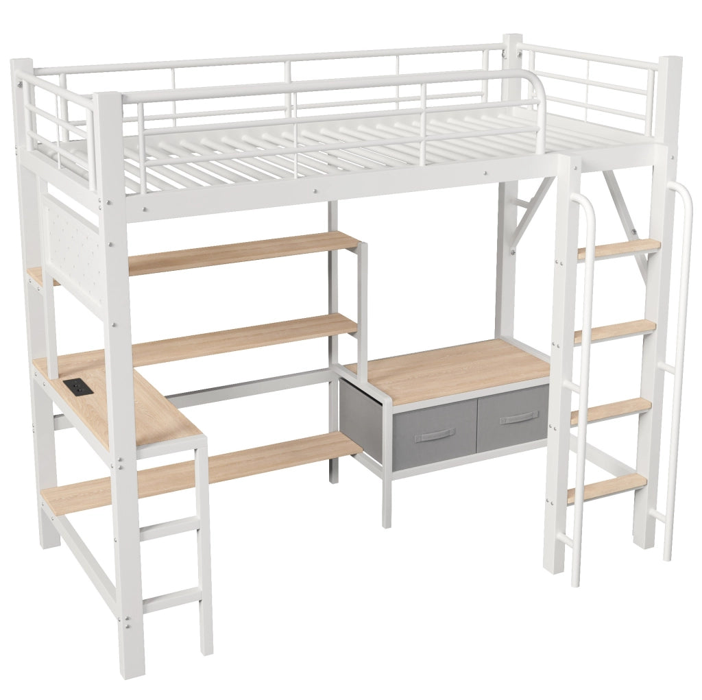 Letto a soppalco 90x200 cm con scrivania, scaffali, LED e USB