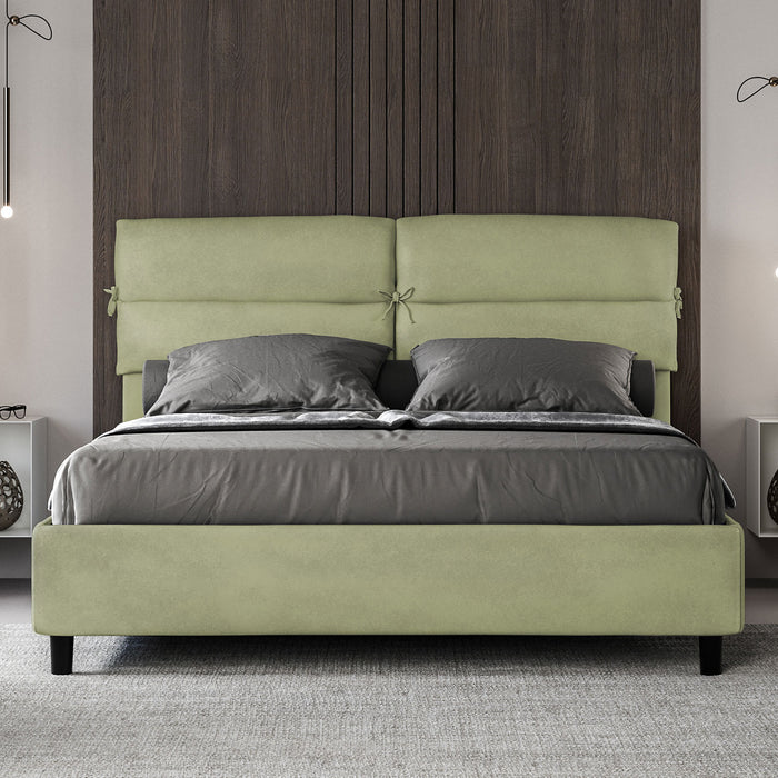 Letto Matrimoniale 160x200 cm con Rete e Contenitore con Testata e Alzata Comoda Imbottito in Microfibra Nandy Tè Verde