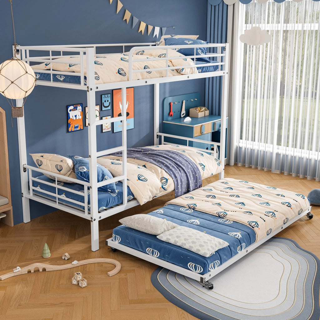 Letto a Castello 90x200 cm e 90x190 cm; Letto 3 Posti - Estraibile - Metallo - Bianco