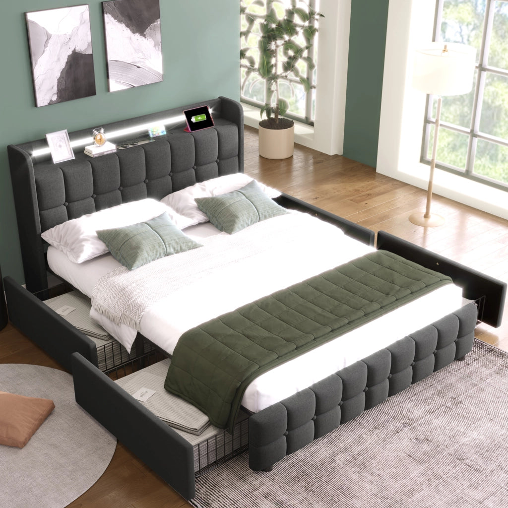 OKWISH Letto con Cassetti 160×200 cm, Letto Matrimoniale con USB, Prese, LED Regolabile e 4 Cassetti, senza Materasso, Grigio